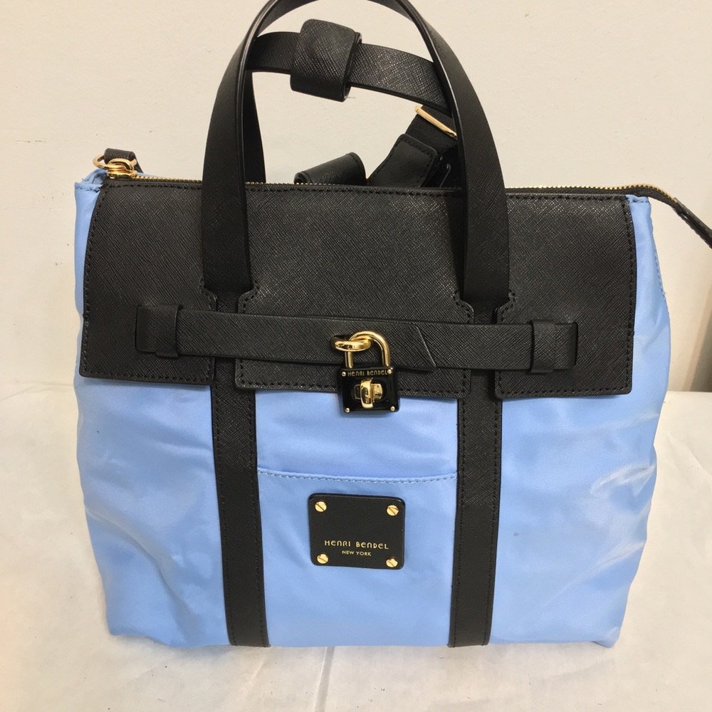 Henri Bendel Jetsetter Backpack Black and Blue/ Gold plated. Dimensions 5x11x12